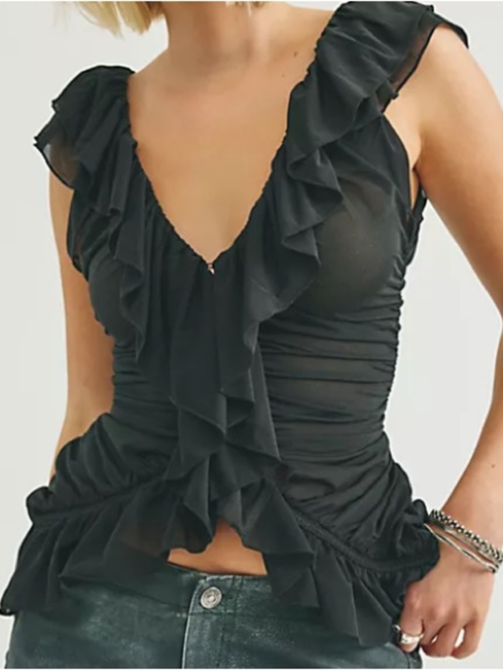 FREE PEOPLE Black Ruffle V-Neck Sleeveless Top - Women's